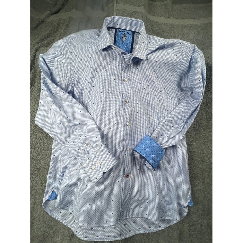 Visconti Black Mens‎ L Blue Geo Dot Print Dress Shirt Long Sleeve Button Up